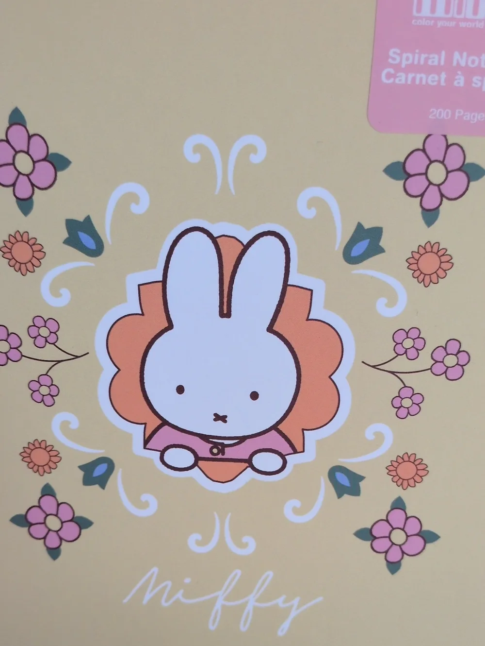 MIFFY Yellow Spiral Notebook with Pink and Orange Floral Motif